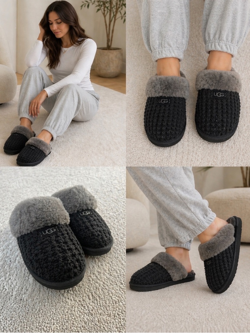 UGG Cozy Knit Slippers Black Shearling Lined Women’s Size 10